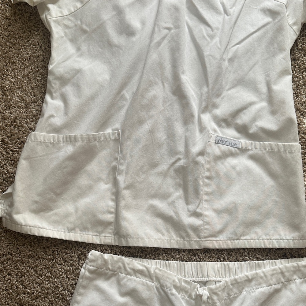 Cherokee White Women's Blouse with neckline detail & 2 pair of scrub pants FREE! - Picture 3 of 16